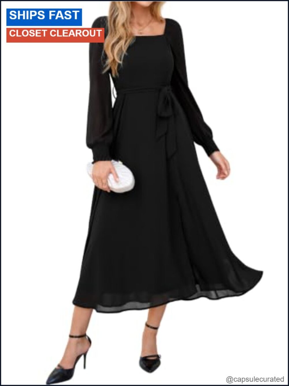 Pearl Chiffon Square Neck Bishop Sleeve A-Line Maxi Dress with Slit